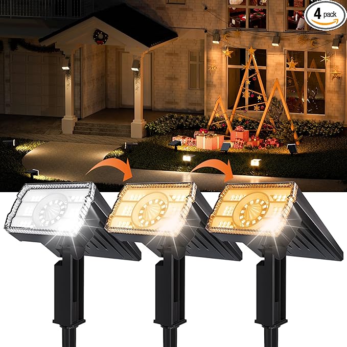 Solar Spotlights Outdoor Waterproof IP67,4 Pack Adjustable Wall&Ground Solar Lights Powered with 3 Colors, 3 Modes, Dusk to Dawn for Pathway/Garden/Yard/Patio/Driveway/Landscape Lighting Outside Decor