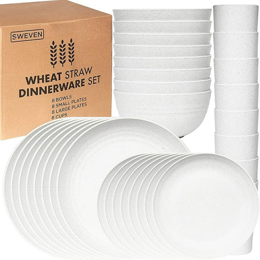 Wheat Straw Dinnerware Sets | Unbreakable Dinnerware Sets | Dishwasher Microwave Safe Dinnerware | Eco Friendly Non Breakable Dinnerware Sets | RV Outdoor Camping (White, Service for 8 (32 pcs))
