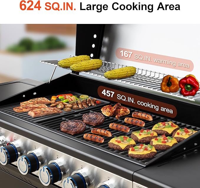 Brand-Man 6 Burner Propane Grill with Infrared Sear Side Burner & Porcelain-Enameled Cast Iron Grate and Plate, Cabinet Style Gas BBQ Grill with Side Table for Barbecue Grilling & Backyard Cooking