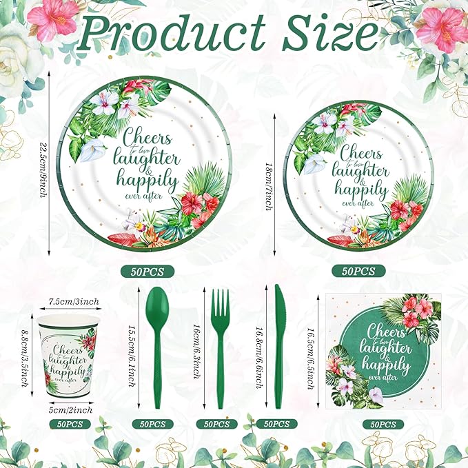 350 Pcs Tropical Wedding Bridal Shower Paper Plate Palm leaf Napkin Cup Hibiscus flower Disposable Tableware Set With Knives Fork Cheers to Love Bachelorette Party Favor for 50 Guest