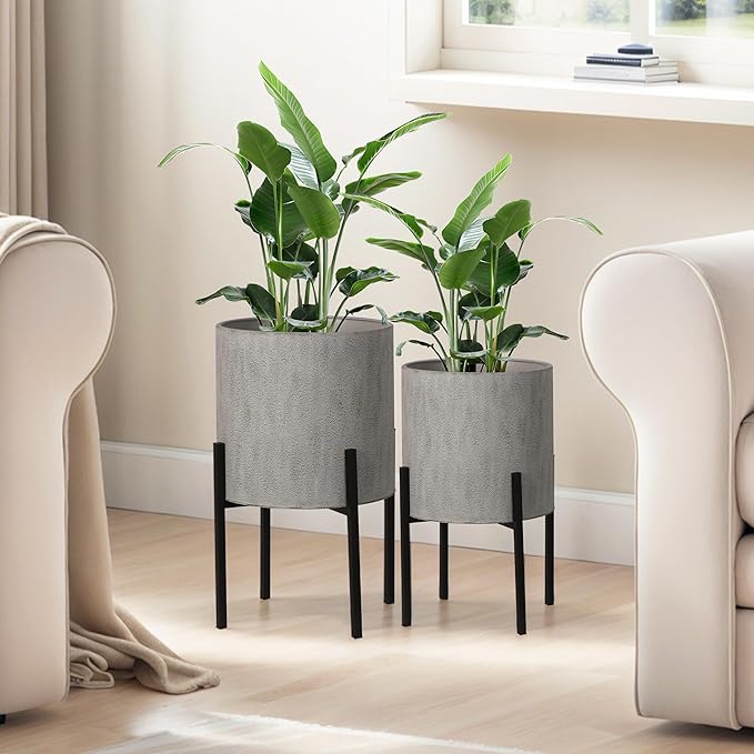 ARNIS Modern Plant Pots, Set of 2 Large Planters with Stand, Decorative Planters, Metal Pots with Drainage Holes for Living Room, Office, Garden or Balcony, 10.5 &12.55 Inch, Dark Cement Matte