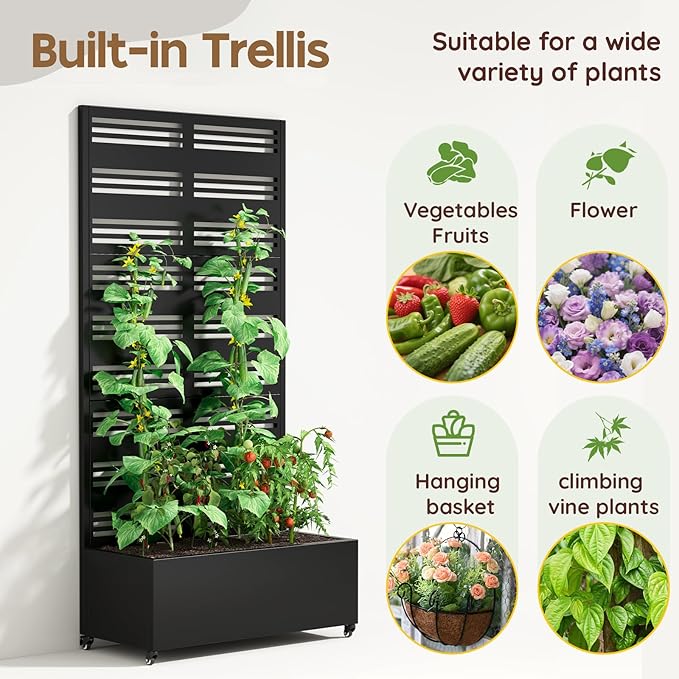 Metal Raised Garden Bed with Trellis & Wheels,70" x 35"x 15.7" Planter Box with Trellis,Privacy Planters for Patio,Garden Bed for Climbing Plants,Suitable for Climbing Plants and Vegetables,Black