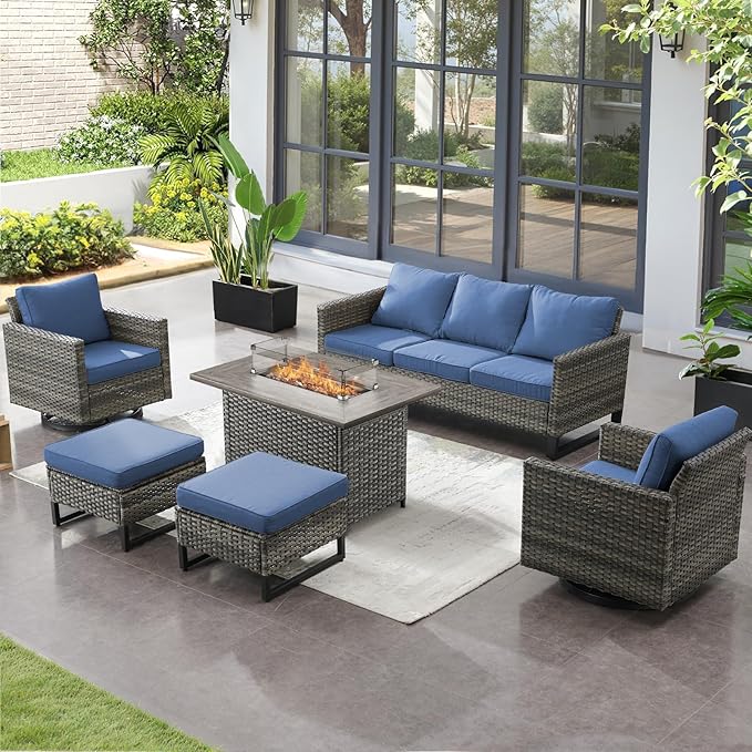 Patio Furniture Set with Fire Pit Table-6 Pieces All Weather Outdoor Swivel Chairs Set of 2 with Patio Sofa and Ottomans, Patio Conversation Sets for Porch Deck Garden Backyard(Grey/Blue)