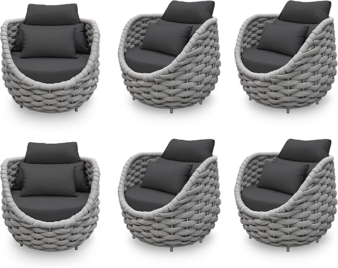 6 PCS Deck Furniture Accent Chair: Aluminum Woven Rope Chair - Outdoor Lounge Armchair Cushioned - Modern Patio Seating Assembled - All Weather for 400lbs Porch Lanai Balcony Yard Garden Hotel