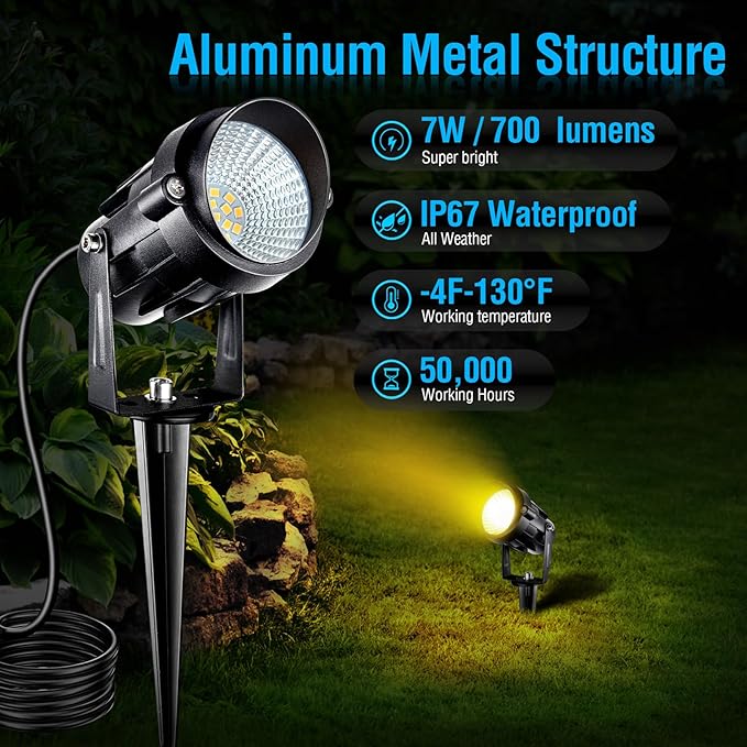 Low Voltage Landscape Lighting with Connectors, 7W LED Landscape Lights AC/DC 12V-24V IP67 Waterproof 3000K Warm White Spotlights for Garden Tree Yard Pathway, 2 Pack