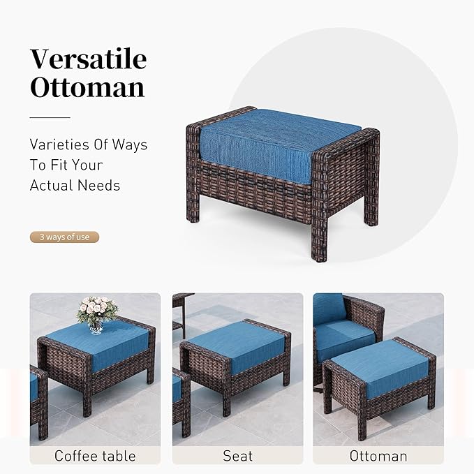 Patio Furniture Set with Swivel Chairs, High Back Wicker Rattan Sofa Chairs with 5.5" Thick Cushion and 2 Ottoman, Outdoor Conversation Set for Backyard Deck, Blue