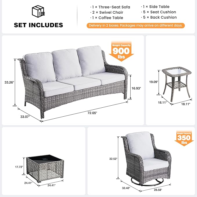 ovios 5 Pieces Patio Furniture Set, Outdoor Wicker Sofa Couch with Swivel Chairs Solar Lights Table, All Weather High Back Modern Conversation Sets, Grey Rattan, Grey