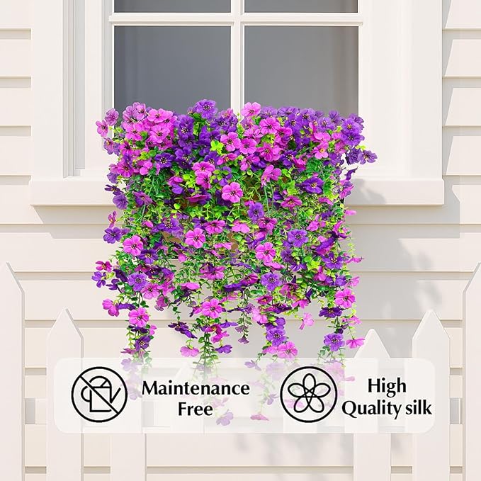 8PCS Artificial Hanging Flowers for Outdoors,Hanging Outdoor Faux Plants,UV Resistant Fake Flowers for Outdoor Planters,Realistic Fake Plants Spring Decor for Porch,Patio,Yard (DoublePurple)