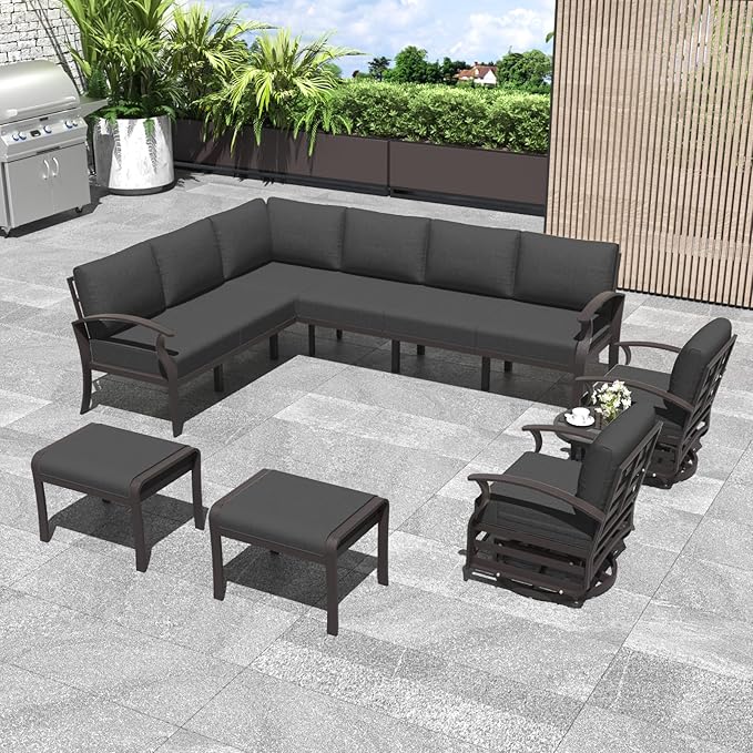 Kurapika Patio Furniture Set 10-Piece Aluminum Sectional Sofa with Armrest, Modern Outdoor Conversation Set, Metal Corner Sofa with Ottoman, Black