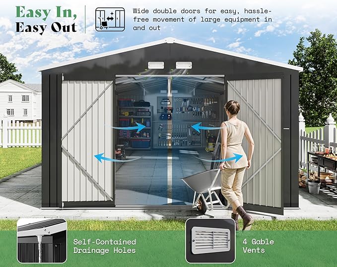 AMERLIFE 12x20x7.2 FT Metal Storage Shed with 2 Transparent Panels, Outdoor Tool Shed with Hinged Double Doors, Windows & Vents, Reinforced Steel Frame for Backyard Garden, DIY Workshop, Dark Gray