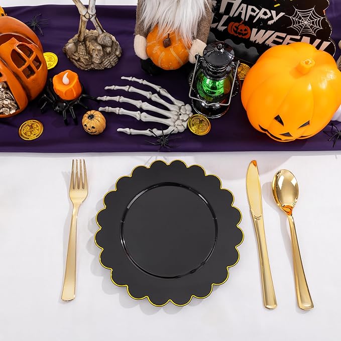 SUT 72 PCS Black Plates,Black Plastic Plates with Gold Rim, Black Party Plates, Plastic Plates for Party, 7.5 inch Plastic Dessert Plates, Black Disposable Plates for Party,New Year,Halloween
