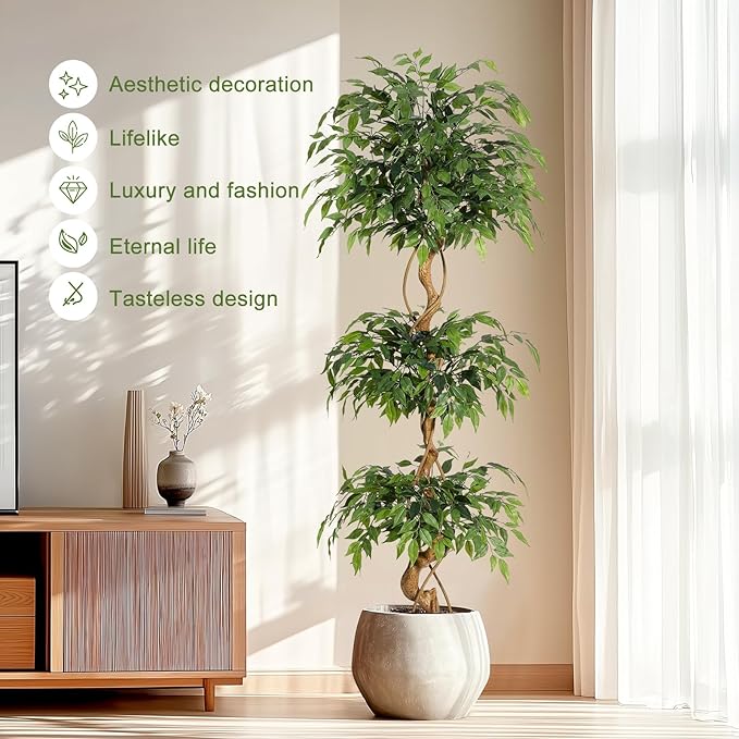 GarveeHome Ficus Artificial Tree with Curved Trunk，6 ft Faux Plant Fake Silk Trees with White Pot, Fake Ficus Tree for Home Decor, Artificial Plants Indoor for Office Living Room