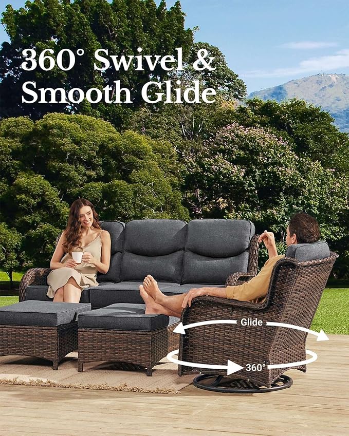 HILLGA Luxury Patio Furniture Set with 6-Inch Thick Cushions, High Back Outdoor Swivel Rocker Chairs and Patio Couch, 11-Piece All Weather Conversation Set for Porch Deck Pool Yard, Dark Grey (V3)