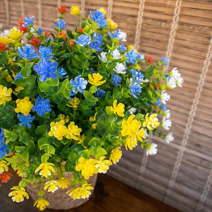 Artificial Flowers Outdoors, 12 Bundles Fake Flowers UV-Anti for Decoration Faux Plastic Plants Garden Porch Window Box Décor,YellowBlueWhiteOrange