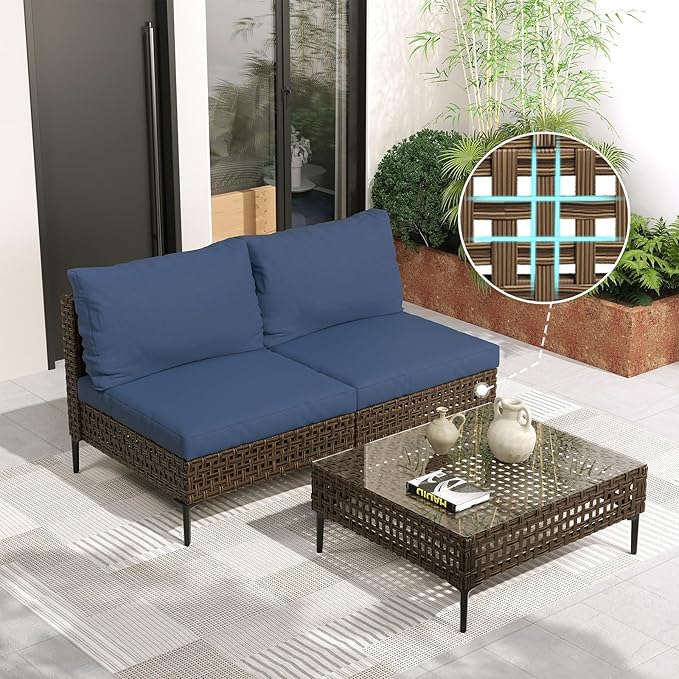 Grand patio 3-Piece Wicker Patio Furniture Set, Retro Outdoor Sectional Sofa with Water Resistant Blue Thick Cushions and Coffee Table, Brown
