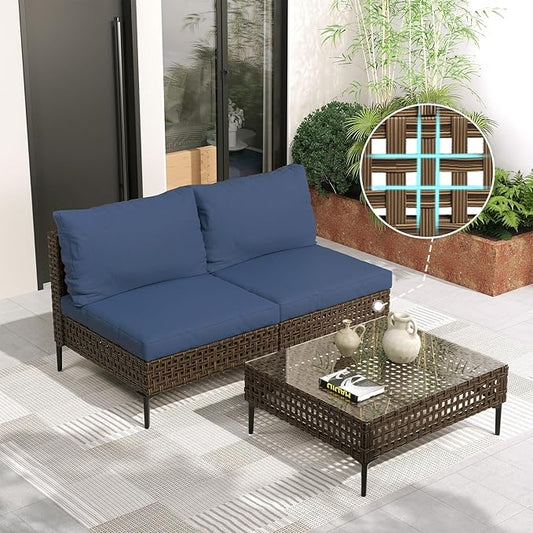 Grand patio 3-Piece Wicker Patio Furniture Set, Retro Outdoor Sectional Sofa with Water Resistant Blue Thick Cushions and Coffee Table, Brown