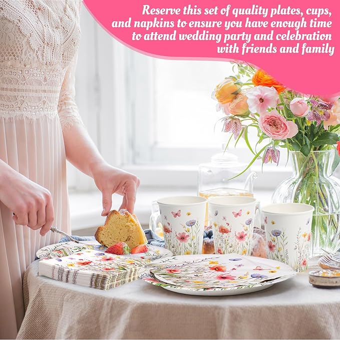250 Pcs Wildflower Party Decorations Include Spring Summer Floral Paper Plates Napkins and Cups for Wildflower Baby Shower Tea Decorations, Serve 50 Guest(Colored,Vivid Style)