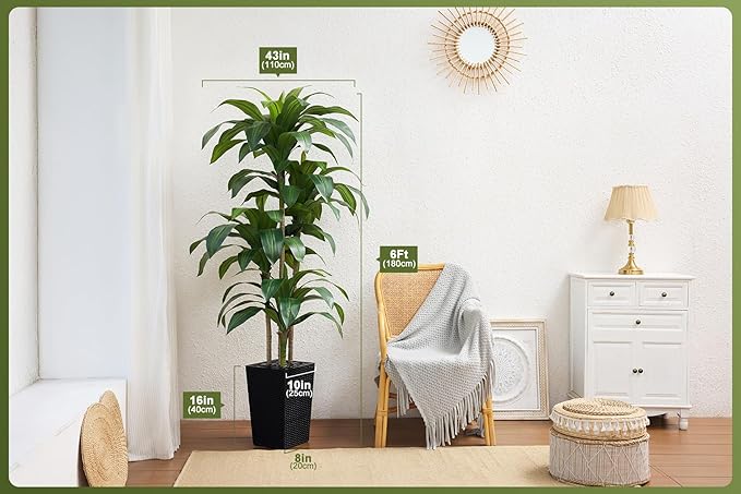 6FT Artificial Dracaena Tree - UV Resistant Faux Tropical Plant, Potted Fake Tree with Taper Planter & Pebbles - Indoor Outdoor Greenery for Home, Porch, Living Room, Bedroom Decor, VN127