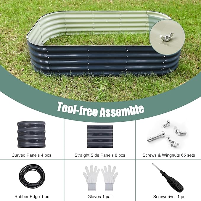 Galvanized Steel Raised Garden Bed 8x2ft Oval - 17" Tall 9-in-1 Modular Planter Box for Vegetables/Flowers, Rust-Proof Metal Outdoor Planters Rubber Edging (Grey)