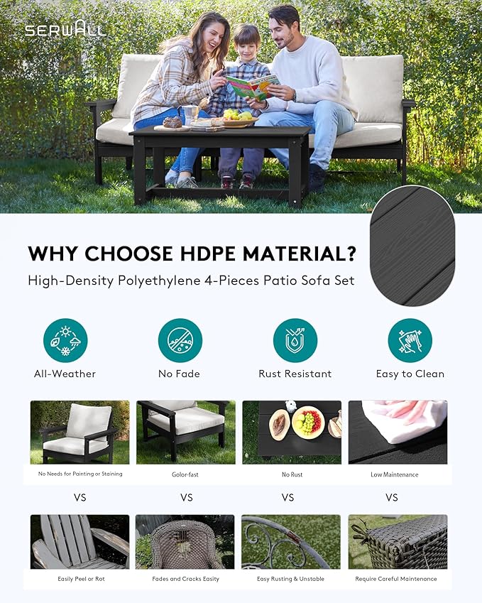 SERWALL HDPE Patio Sofa Set, 4-Piece Sectional Outdoor Furniture Set, All Weather Outdoor Couch Set Patio Furniture Set for Deck, Lawn, Black Frame with Khaki Cushion