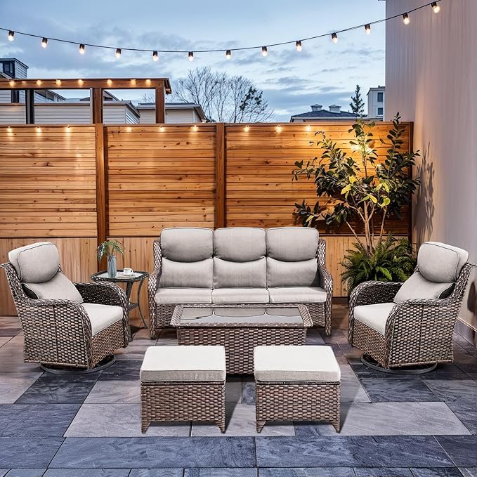 7-Piece Outdoor Wicker Patio Furniture Set with Swivel Glider Chairs, 3-Seat Sofa, Coffee Table & Ottomans 5” Olefin Cushions Ergonomic Neck-Lumbar Backrest All-Weather Rattan for Garden, Deck, Porch