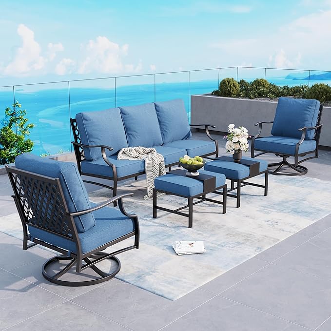 5 Piece Metal Outdoor Patio Furniture Set, Patio Conversation Sets 1 3-seater Sofa, 2 Swivel Chairs, 2 Ottomans with 5.75" Thick Cushion, Black All-weather Backyard Furniture Set, Navy