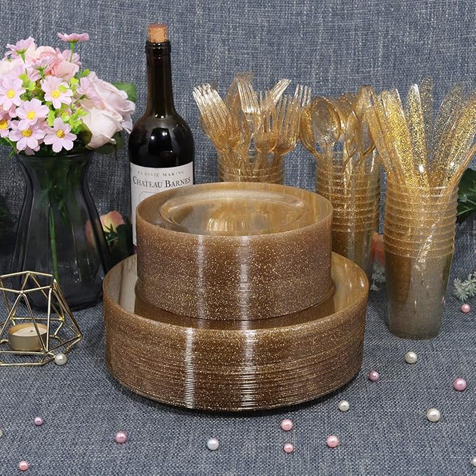 WELLIFE 300PCS Gold Glitter Plastic Plates, Gold Plastic Dinnerware Includes: 50 Dinner and 50 Dessert Plates, 150 Cutlery, 50 Cups for Party