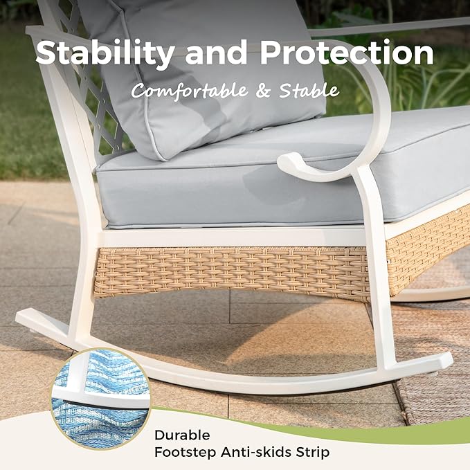 4 Piece Patio Furniture Set, 2 x Rocking Chair, 1 x 2-Seat Sofa with Marbling Coffee Table, 4 Seats Outdoor Conversation Set for Lawn Garden Backyard, Light Gray