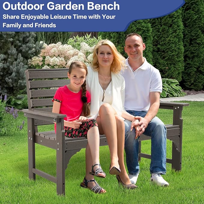 Outdoor Bench Weatherproof - HDPE 2-Person Garden Bench with Cup Holders, Bench Furniture with Backrest and Armrests, 700 lbs Capacity, Patio Park Bench for Front Porch Backyard Park (Brown)