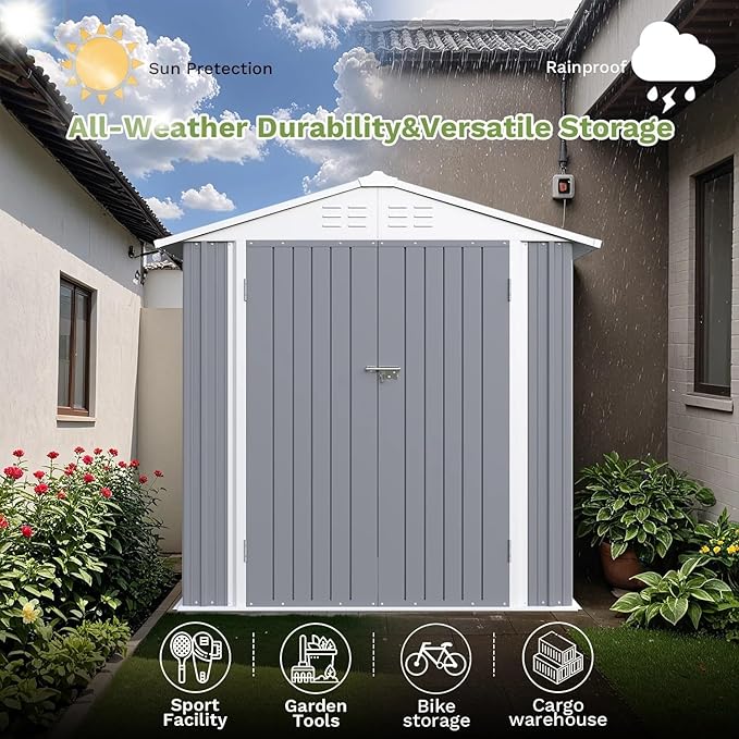 Greesum 6×4FT Outdoor Storage Shed, Metal Patio Storaged Sheds with Lockable Doors, Sheds & Outdoor Storage for Bike, Backyard, Pool and Garden, Gray