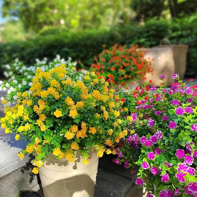 12 Bundles Artificial Flowers for Outdoors, UV Resistant Fake Flowers with Plastic Plants, Faux Flowers for Outside Window Box Front Porch Hanging Planter Decor (Yellow)
