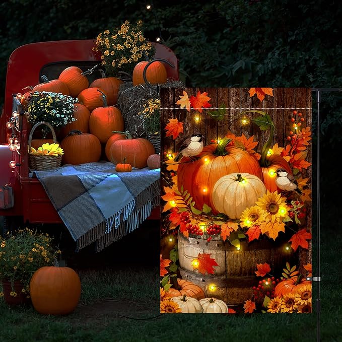 Fall Thanksgiving Pumpkin Garden Flag with LED Lights, Halloween 12 x 18 Inch Double Sided Vertical Burlap Cardinals Bird Fall Garden Flag for Seasonal Holiday Outdoor Yard Decoration