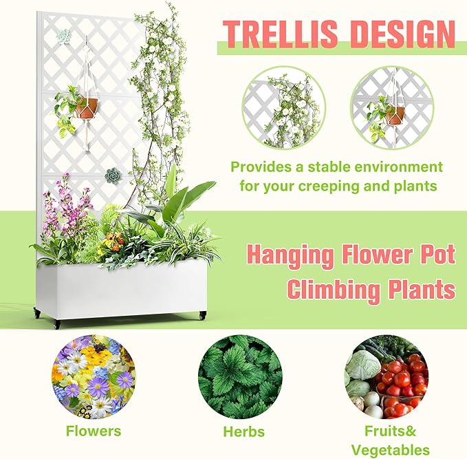 Metal Planter Box with Trellis, Raised Garder Bed with Drainage Hole, Privacy Screen & Trellis for Climbing Plants, Outdoor Plant Stands, 35''L×17''W×73''H, White