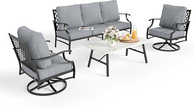 Patio Furniture Set 4 pcs, Outdoor Patio Furniture, 3-Seat Sofa, 2 Swivel Chairs, Coffee Table and 5.75" Extra Thick Cushion, Patio Conversation Set for Backyard Deck,Grey