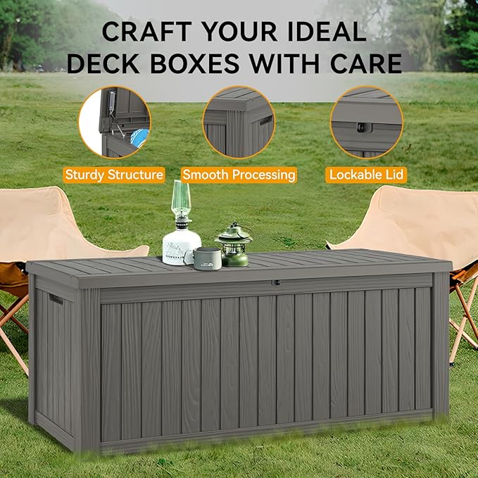 NUNU LAB 180 Gallon Outdoor Storage Box, Large Resin Deck Box with Double Wall Panels, Waterproof Patio Storage Bin for Garden Tools, Pool Accessories, Package Deliveries & Outdoor Gear,Grey