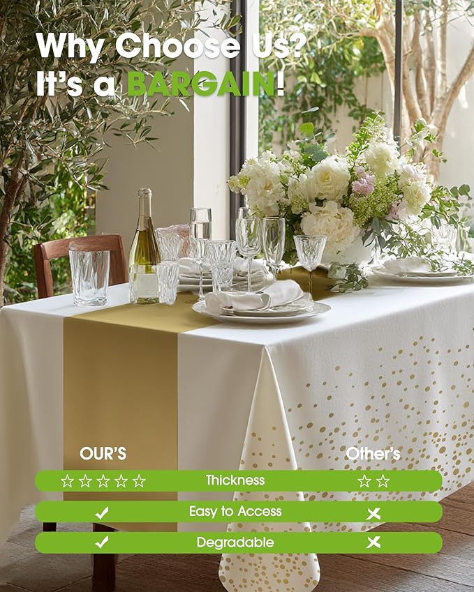 Pureegg Plastic Table Cloth Disposable 8 Pack, 54 x 108 Inch, Table Runner Style, Graduation Decorations 2025, Party Tablecloths, Rectangle, Plastic Cover, Leakproof & Sturdy, White Gold