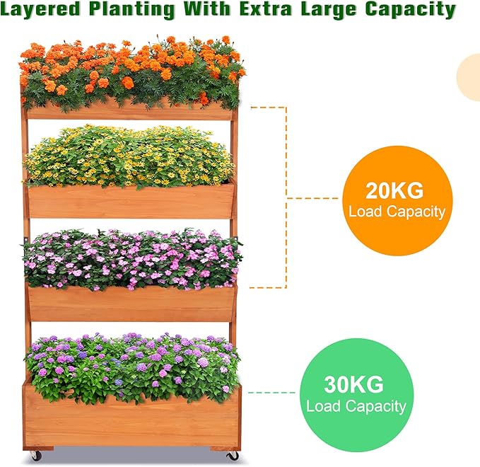 Wooden Elevated Garden Bed, Vertical 4-Storey Wooden Flowerpot Box with Wheels, Adjustable Flowerpot Box, Suitable for Outdoor and Indoor Balconies, Vanilla Garden Gardening Vegetables