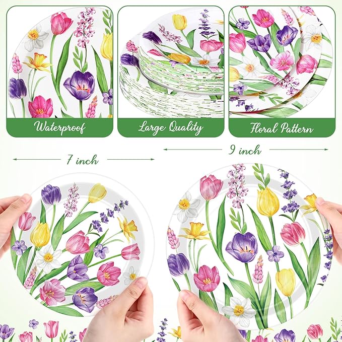 Mumufy 100 Pack Wild Floral Paper Plates Flower Dinner Decoration 9" & 7" Disposable Watercolor Dessert Plates for Wedding Birthday Baby Shower Bridal Tea Party Supplies(Tulip Flowers)