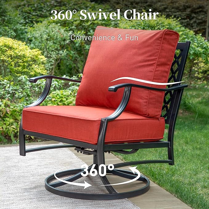 4 Piece Metal Outdoor Patio Furniture Sets with 5000 BTU Firepit Table, Patio Conversation Sets 1 3-Seater Sofa, 2 Swivel Chair with 5.75" Thick Cushion, Black Backyard Furniture, Red