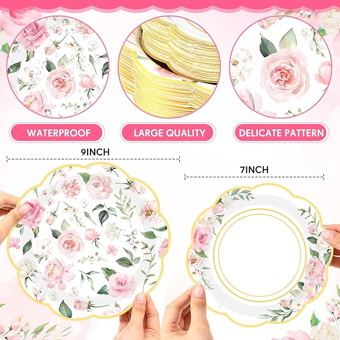 Mumufy 100 Pack Pink Floral Paper Plates 9" & 7" Disposable Wildflower Dessert Plates Floral Party Decoration Dinner Tableware for Wedding Birthday Baby Shower Bridal Garden Tea Party Supplies