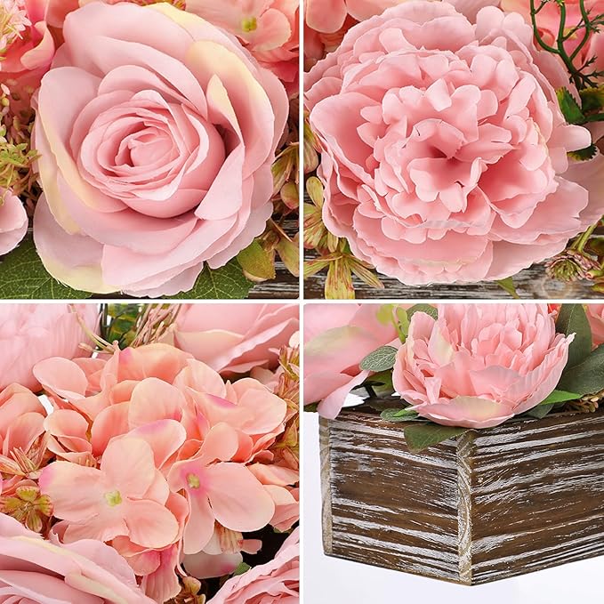 Flower Arrangement with Wooden Vase 14" Artificial Flowers in Pot - Fake Flowers Roses Peonies Hydrangeas in Wooden Vase Potted Artificial Flower Centerpieces for Table Decor Living Room - Dusty Pink