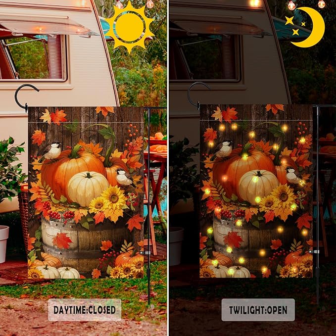 Fall Thanksgiving Pumpkin Garden Flag with LED Lights, Halloween 12 x 18 Inch Double Sided Vertical Burlap Cardinals Bird Fall Garden Flag for Seasonal Holiday Outdoor Yard Decoration