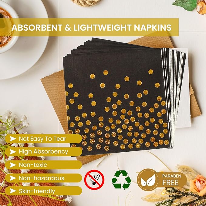 75PCS Paper Plates and Napkins Set - Black and Gold Dot Disposable Party Dinnerware Includes Paper Plates, Napkins, Forks Decorations for 2025 Graduations, Birthdays and Weddings, Serves 25