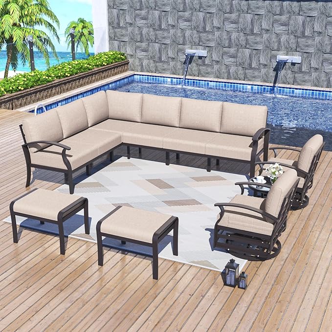Kurapika Patio Furniture Set 10-Piece Aluminum Sectional Sofa with Armrest, Modern Outdoor Conversation Set, Metal Corner Sofa with Ottoman, Sand