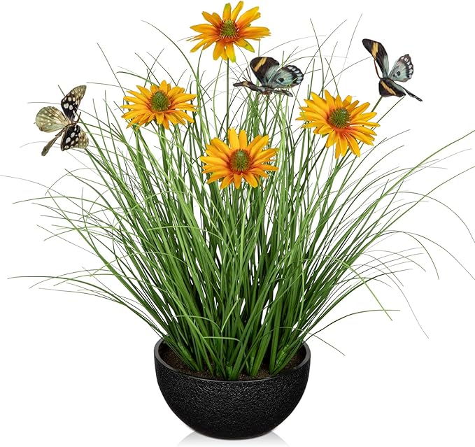 Artificial Plants Indoor with Pot, 17.3" Fake Potted Plants Artificial Onion Grass Plant with Yellow Daisies Flowers and Butterflies Small Faux Plant Indoor for Home Living Room Table Shelf Decor