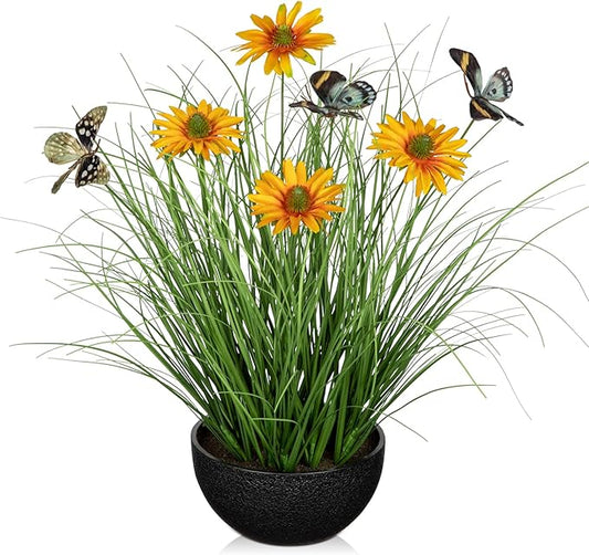 Artificial Plants Indoor with Pot, 17.3" Fake Potted Plants Artificial Onion Grass Plant with Yellow Daisies Flowers and Butterflies Small Faux Plant Indoor for Home Living Room Table Shelf Decor