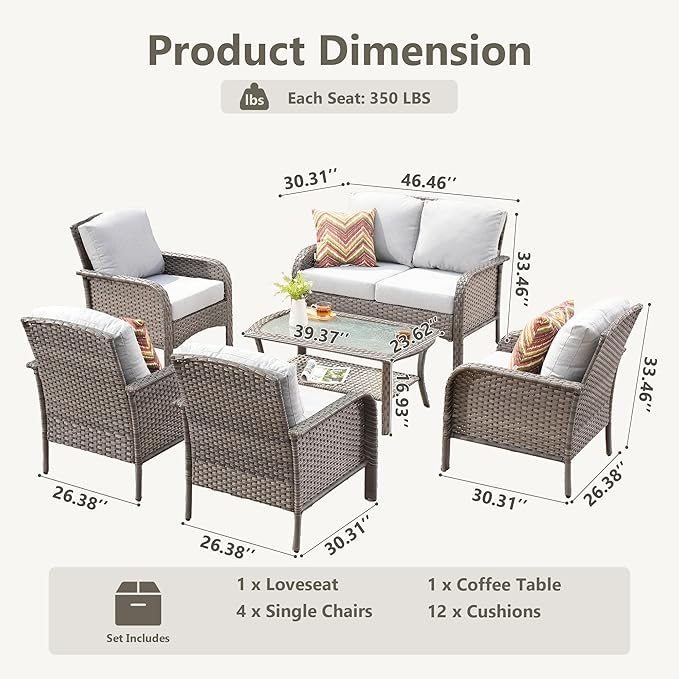 6-Piece Wicker Patio Furniture Set, All-Weather Rattan Conversation Bistro Loveseat Chair and Table Set for Backyard, Balcony and Deck with Soft Cushions and Metal Table(Grey)