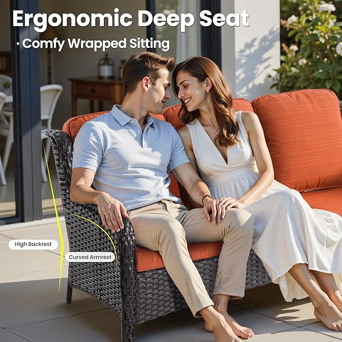 ovios 7 Pieces Patio Furniture Set, Outdoor Wicker Sofa Couch with Swivel Chairs 42" Fire Pit Table, All Weather High Back Modern Conversation Sets, Brown Rattan, Orange Red