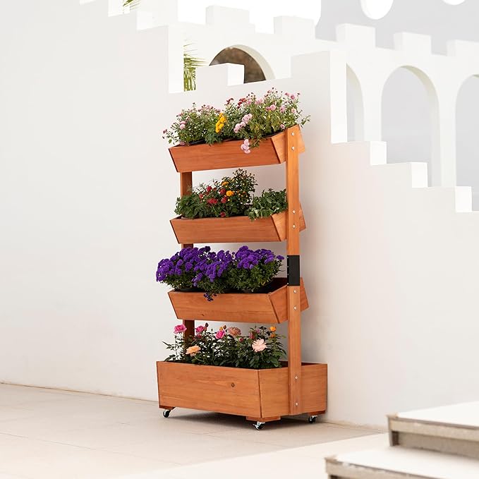 Wooden Elevated Garden Bed, Vertical 4-Storey Wooden Flowerpot Box with Wheels, Adjustable Flowerpot Box, Suitable for Outdoor and Indoor Balconies, Vanilla Garden Gardening Vegetables