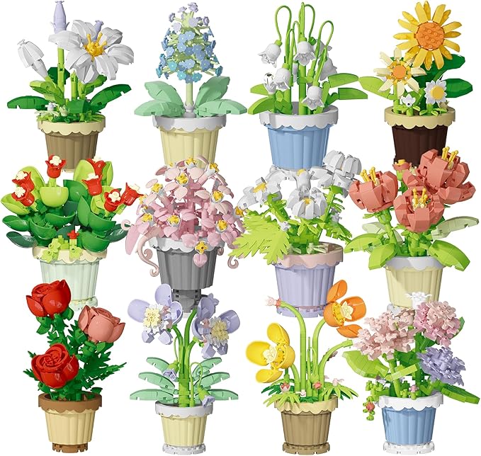 12 Set Mini Flower Potted Plant Bonsai Building Toy Blocks Artificial Particle Flower Botanical